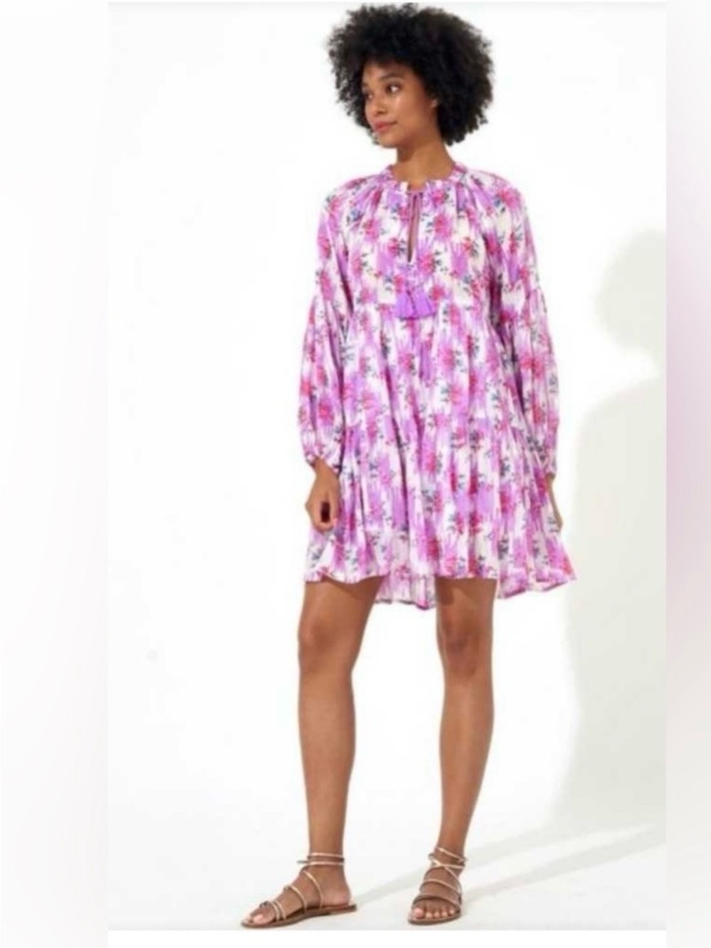 Oliphant Boho Tiered Balloon Sleeve Mini Dress Virgo Lilac Floral Size M EUC